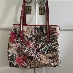 Jimmy Choo Red and Pink Floral Tote Bag with Leather Trim